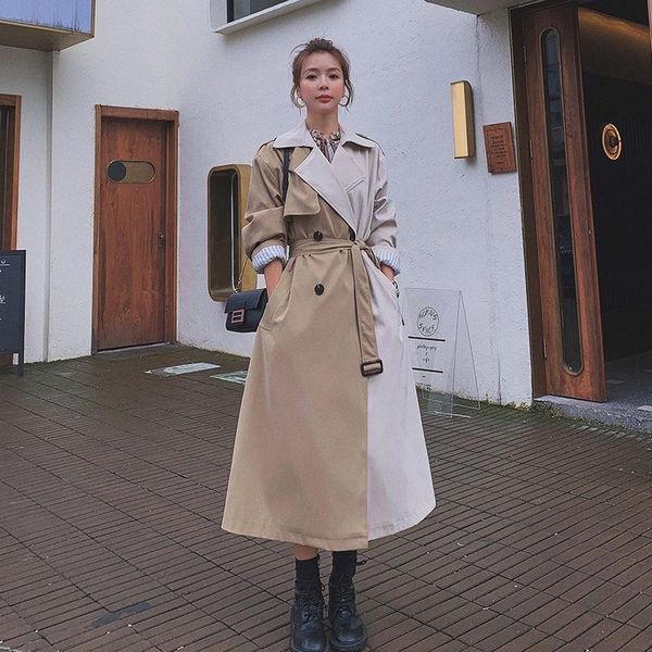 spring autumn women windbreaker patchwork over the knee double breasted loose chic simple classie long trench coat female, Tan;black 
spring autumn women windbreaker patchwork over the knee double breasted loose chic simple classie long trench coat female, Tan;black