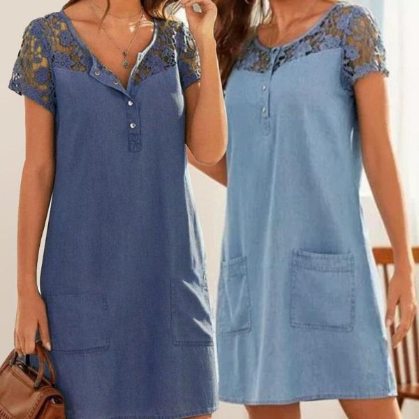 casual dresses women fashion short sleeve lace patchwork buttons pocket knee-length denim dress, Black;gray
casual dresses women fashion short sleeve lace patchwork buttons pocket knee-length denim dress, Black;gray
