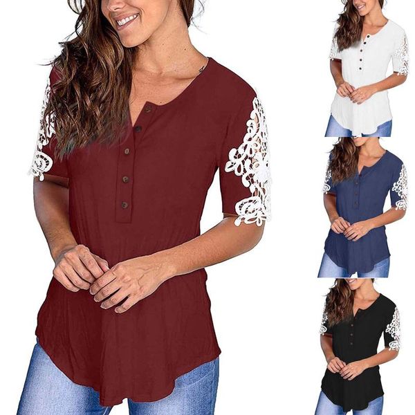 women's t-shirt fashion letter button lace decorate short sleeve casual v-neck loose summer female t shirt, White
women's t-shirt fashion letter button lace decorate short sleeve casual v-neck loose summer female t shirt, White