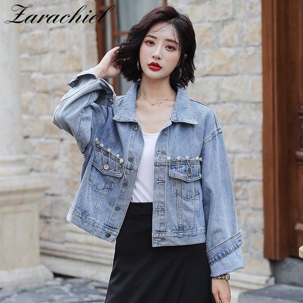 women's jackets 2021 fall trend jean jacket with pearls beading chains short coat women long sleeve pocket loose denim outwear female, Black;brown
women's jackets 2021 fall trend jean jacket with pearls beading chains short coat women long sleeve pocket loose denim outwear female, Black;brown