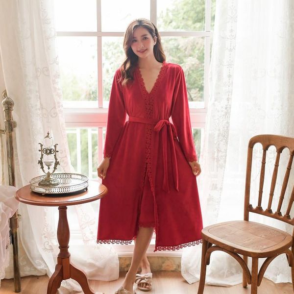 women's sleepwear hanxiuju velvet 2 pieces robe sets for women vintage royal warm bride robes autumn winter long nightwear suits girls, Black;red
women's sleepwear hanxiuju velvet 2 pieces robe sets for women vintage royal warm bride robes autumn winter long nightwear suits girls, Black;red