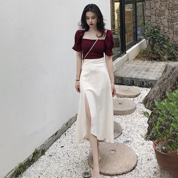 women 2021 summer two piece outfits short puff sleeve slim shirt&high waist split skirt sets korean fashion retro dress sui, White
women 2021 summer two piece outfits short puff sleeve slim shirt&high waist split skirt sets korean fashion retro dress sui, White