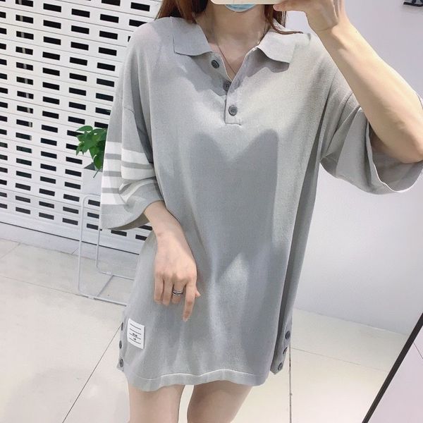 2021 summer tb stripe knitted dress loose lapel polo sport casual medium length short sleeve t-shirt skirt, Black 
2021 summer tb stripe knitted dress loose lapel polo sport casual medium length short sleeve t-shirt skirt, Black