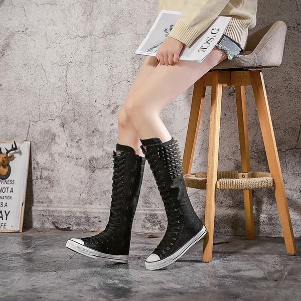motorcycle boots for women canvas high-sneakers personality punk metal rivets long tube shoes hip-hop zapatos de mujer, Black
motorcycle boots for women canvas high-sneakers personality punk metal rivets long tube shoes hip-hop zapatos de mujer, Black