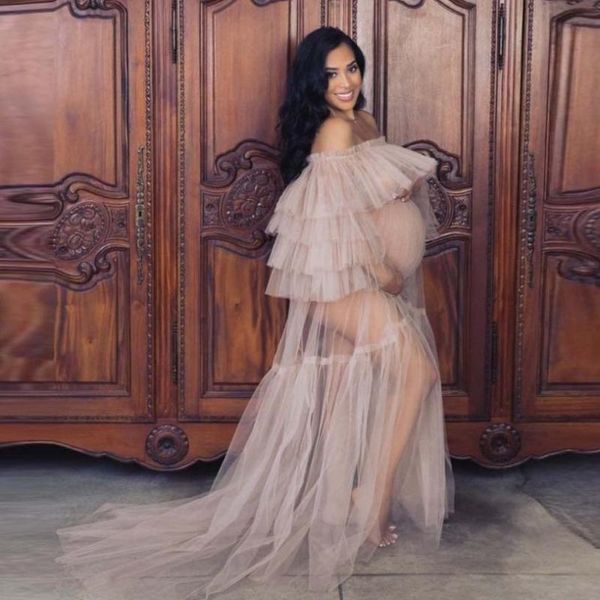 party dresses see through women dress off shoulder long tulle ruffles pregnant po shoot plus size sheer gown, White;black
party dresses see through women dress off shoulder long tulle ruffles pregnant po shoot plus size sheer gown, White;black