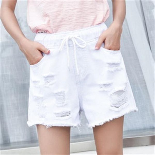 women's summer jeans shorts elastic waist loose hole ruffled denim color white and red, White;black
women's summer jeans shorts elastic waist loose hole ruffled denim color white and red, White;black