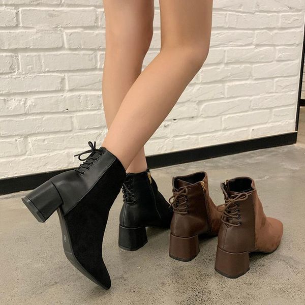 boots winter womens ankle high heels chunky heel warm shoes lace up back suede leather patchwork black brown t110
boots winter womens ankle high heels chunky heel warm shoes lace up back suede leather patchwork black brown t110