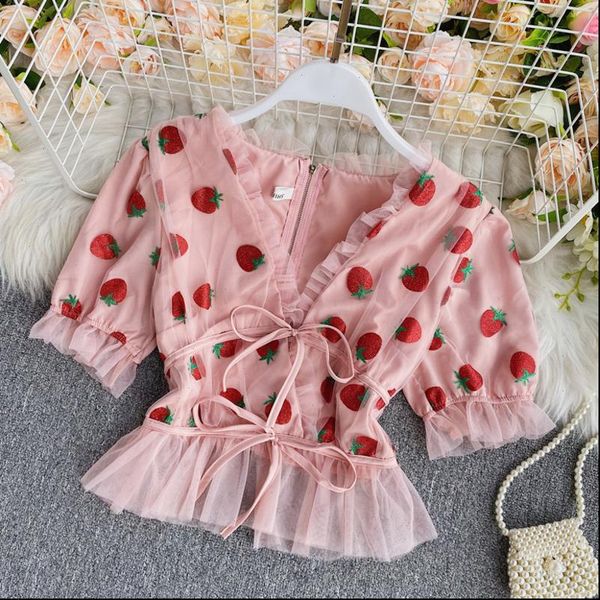 pink strawberry mesh womens shirts v neck puff sleeve casual sweet female, White
pink strawberry mesh womens shirts v neck puff sleeve casual sweet female, White