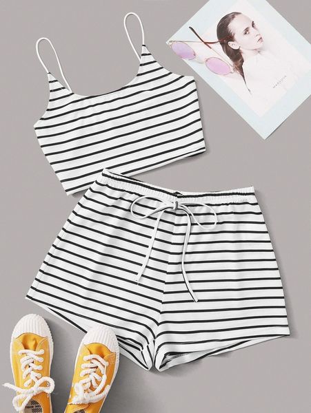 striped crop cami & tie waist shorts set z0zs#, White
striped crop cami & tie waist shorts set z0zs#, White