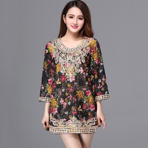women's blouses & shirts summer black floral print lace shirt female big size 3/4 sleeve loose long embellished cord sequin blouse, White
women's blouses & shirts summer black floral print lace shirt female big size 3/4 sleeve loose long embellished cord sequin blouse, White