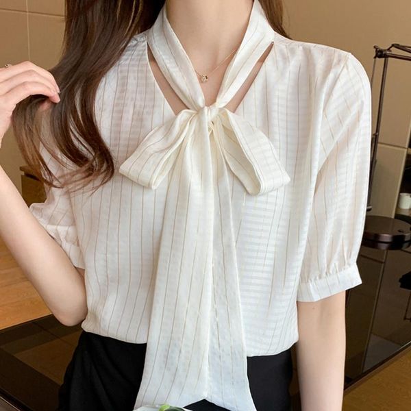 women's blouses & shirts blusas mujer de moda 2021 summer short sleeve blouse women striped chiffon shirt bow woman clothes femme, White
women's blouses & shirts blusas mujer de moda 2021 summer short sleeve blouse women striped chiffon shirt bow woman clothes femme, White