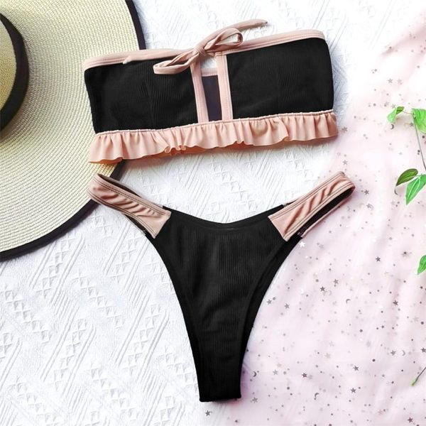 women's swimwear frilled splicing bandeau cut out bikini female swimsuit women two-pieces set bather bathing suit swim lady k2715, White;black
women's swimwear frilled splicing bandeau cut out bikini female swimsuit women two-pieces set bather bathing suit swim lady k2715, White;black