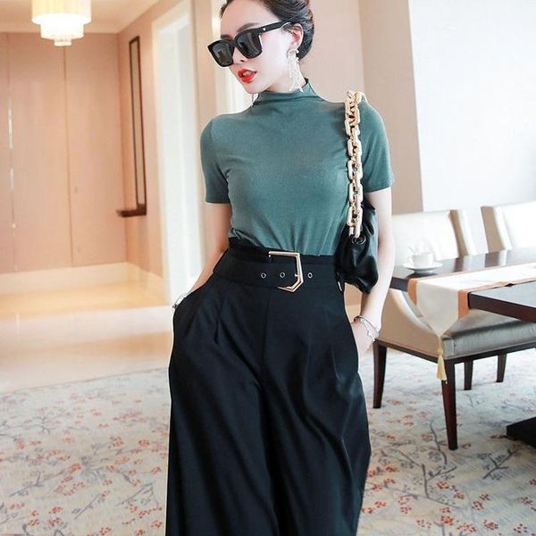 women's two piece pants women sets short sleeve simple green t-shirts elastic waist wide leg casual loose chic korean style plus size 2, White
women's two piece pants women sets short sleeve simple green t-shirts elastic waist wide leg casual loose chic korean style plus size 2, White