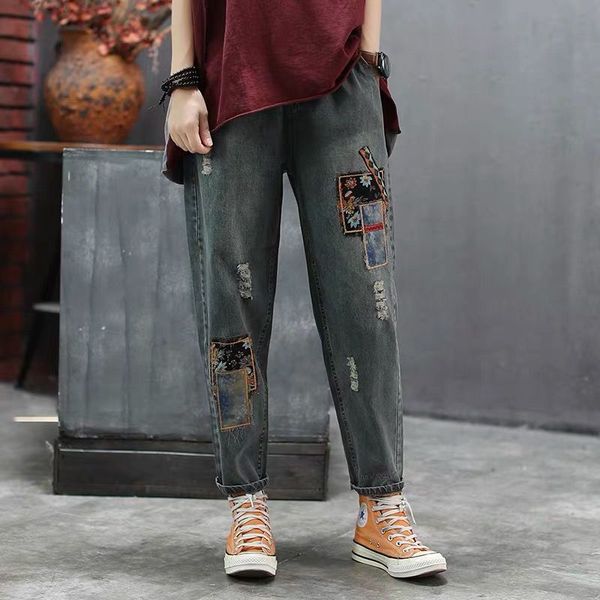 jeans female fashion springtime elastic waistline casual breeches embroidered vintage cotton denim harem pants plus size s655, Blue
jeans female fashion springtime elastic waistline casual breeches embroidered vintage cotton denim harem pants plus size s655, Blue