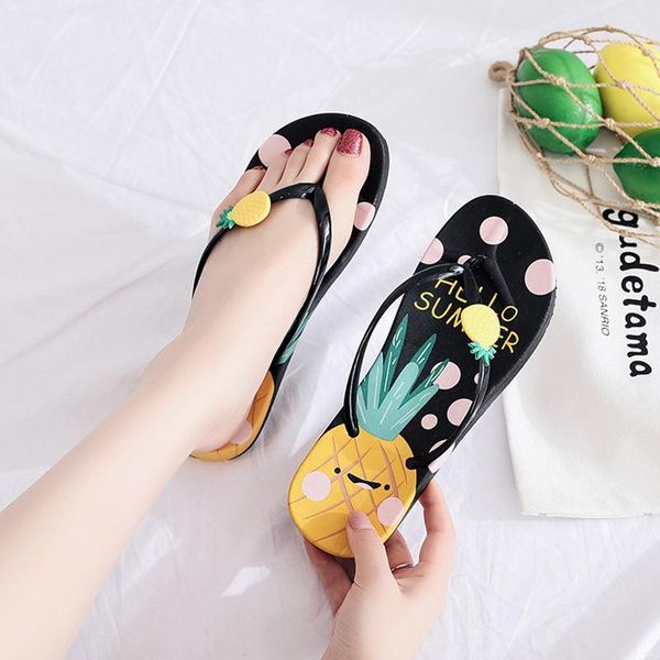 

summer women beach vacation slippers cute pineapple print thong fashion casual flip flops ladies outdoor shoes, Black