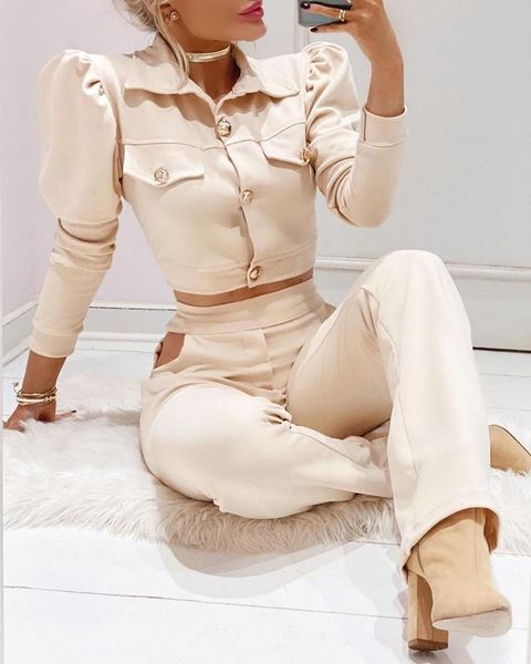 women's two piece pants cutout set women autumn 2021 fashion long puff sleeve pocket decor buttoned suits, White
women's two piece pants cutout set women autumn 2021 fashion long puff sleeve pocket decor buttoned suits, White