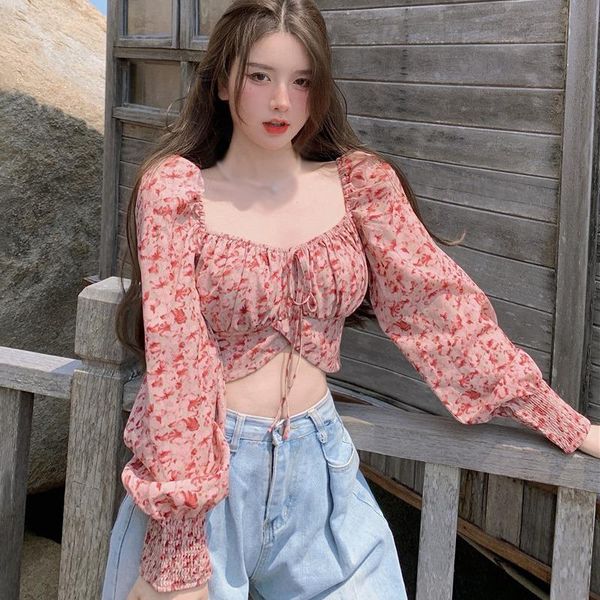 women's blouses & shirts sweet women floral print square collar blouse exposed navel long sleeves chiffon shirt, White
women's blouses & shirts sweet women floral print square collar blouse exposed navel long sleeves chiffon shirt, White