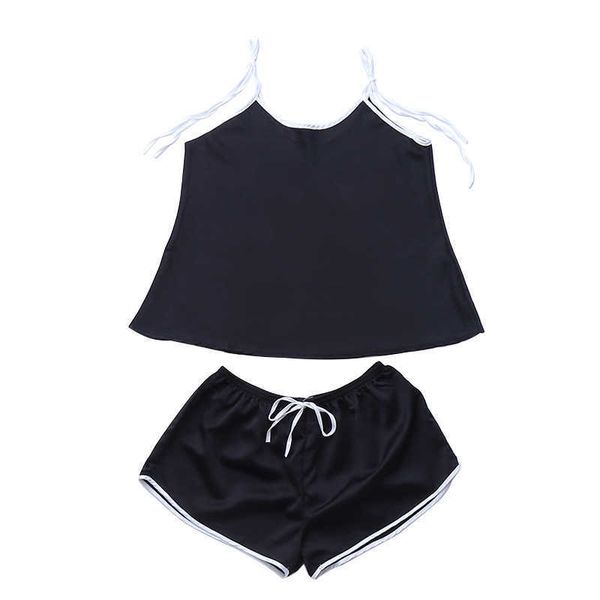 sleepwear 2021 women's summer imitation silk two piece sling shorts sports thin home clothing, Black;red
sleepwear 2021 women's summer imitation silk two piece sling shorts sports thin home clothing, Black;red