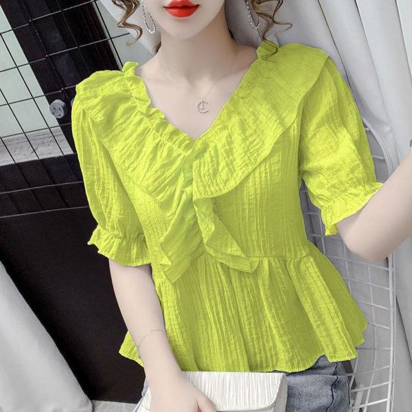 women's blouses & shirts 2021 summer women v-neck flounce bubble short sleeved blouse versatile fashion temperament, White
women's blouses & shirts 2021 summer women v-neck flounce bubble short sleeved blouse versatile fashion temperament, White