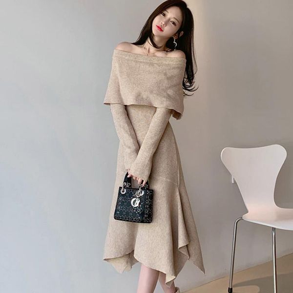 casual dresses women off-shoulder knitted dress 2021 temperament slim irregular long-sleeved mid-length sweater, Black;gray 
casual dresses women off-shoulder knitted dress 2021 temperament slim irregular long-sleeved mid-length sweater, Black;gray