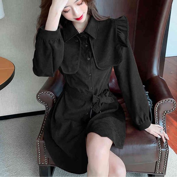 long sleeve spring autumn high waist belt back vintage a-line dresses ruffle solid color women dress 955a 210420, Black;gray
long sleeve spring autumn high waist belt back vintage a-line dresses ruffle solid color women dress 955a 210420, Black;gray