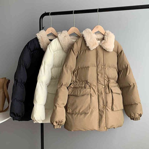 women's wool & blends winter rabbit fur collar waist cotton jacket korean loose down thick parkas coat 950q, Black
women's wool & blends winter rabbit fur collar waist cotton jacket korean loose down thick parkas coat 950q, Black