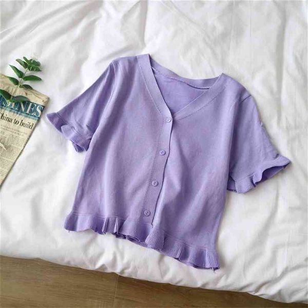 summer women's knitted t-shirt cardigan korean retro purple white ruffles short knit tees women gd350 210506
summer women's knitted t-shirt cardigan korean retro purple white ruffles short knit tees women gd350 210506