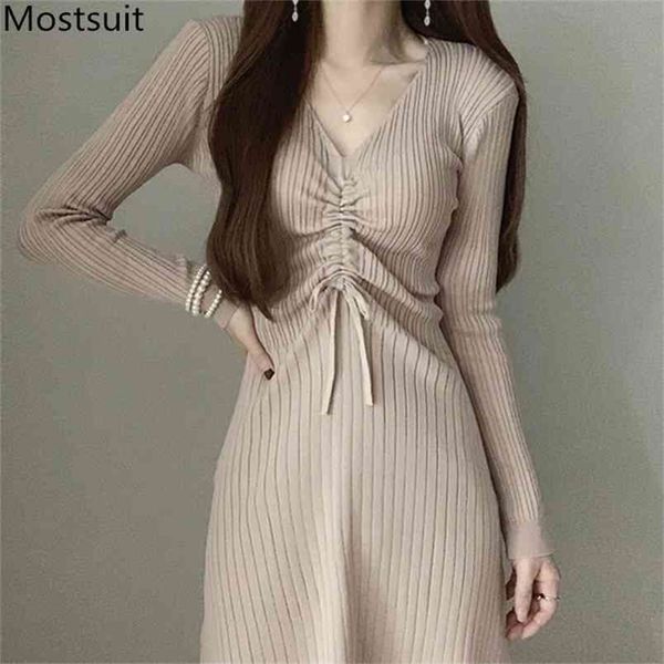 korean elegant knitted v-neck sweater dress women autumn long sleeve drawstring basic ladies dresses vestidos femme 210513, Black;gray
korean elegant knitted v-neck sweater dress women autumn long sleeve drawstring basic ladies dresses vestidos femme 210513, Black;gray