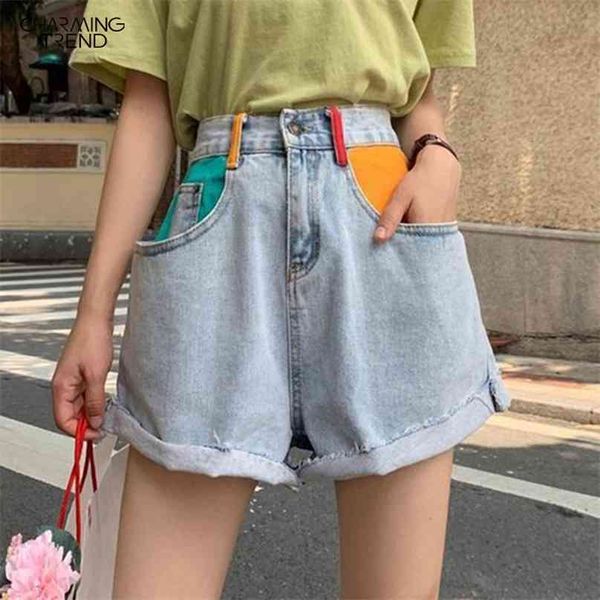 summer color shorts women short pant splice flavor retro ladies jean ragged side wide leg trend denim 210719, White;black 
summer color shorts women short pant splice flavor retro ladies jean ragged side wide leg trend denim 210719, White;black