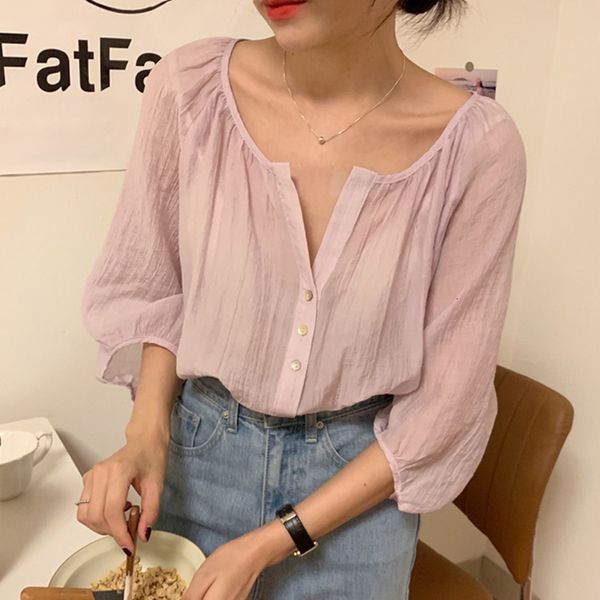 women's t-shirt korean temperament round neck loose single-breasted lantern sleeves thin micro-transparent sunscreen shirt nxg, White
women's t-shirt korean temperament round neck loose single-breasted lantern sleeves thin micro-transparent sunscreen shirt nxg, White