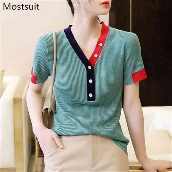 color-blocked v-neck knitted pullover sweater women summer short sleeve buttons slim fashion office ladies jumpers 210513, Black
color-blocked v-neck knitted pullover sweater women summer short sleeve buttons slim fashion office ladies jumpers 210513, Black