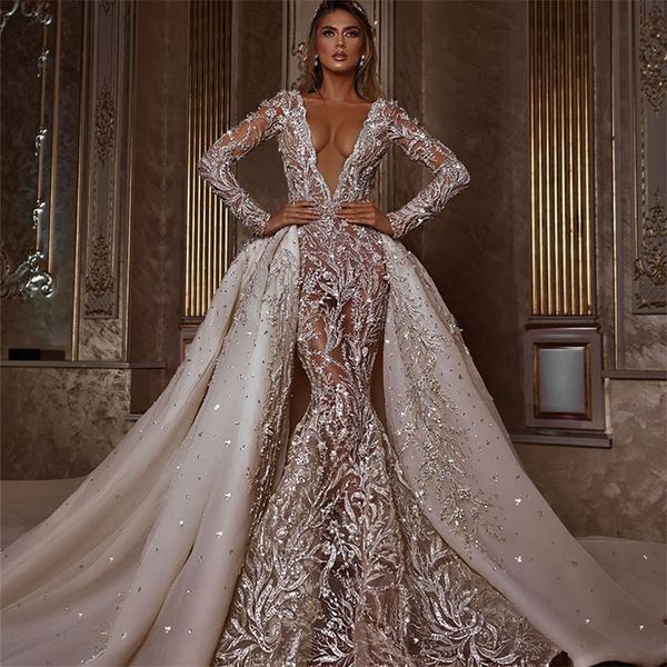 deep v neck mermaid wedding dress with detachable train sheer long sleeve lace applique bridal gowns see thru robe de soirée, White
deep v neck mermaid wedding dress with detachable train sheer long sleeve lace applique bridal gowns see thru robe de soirée, White