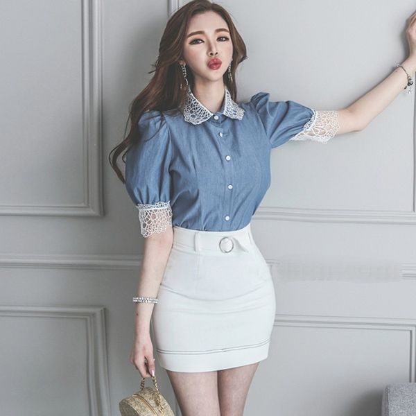 korean summer vintage cowboy blouse women casual puff sleeve back lace patchwork shirt formal blusas 210514, White
korean summer vintage cowboy blouse women casual puff sleeve back lace patchwork shirt formal blusas 210514, White