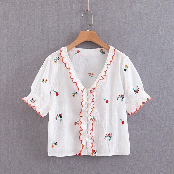 ruffled sweet floral embroidery womens shirt v neck transparent short sleeve chic summer, White
ruffled sweet floral embroidery womens shirt v neck transparent short sleeve chic summer, White