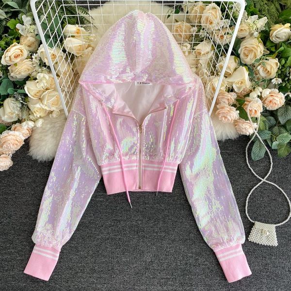 women's jackets saliency 2021 autumn style fashion sequins section all-match sports and leisure hooded zipper long-sleeved short jacket, Black;brown
women's jackets saliency 2021 autumn style fashion sequins section all-match sports and leisure hooded zipper long-sleeved short jacket, Black;brown
