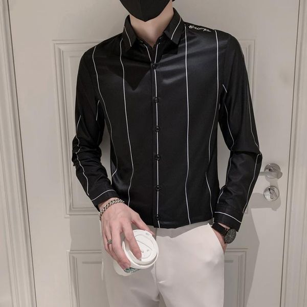 men's casual shirts fashion striped men long sleeve slim business shirt streetwear social office dress chemise homme, White;black
men's casual shirts fashion striped men long sleeve slim business shirt streetwear social office dress chemise homme, White;black