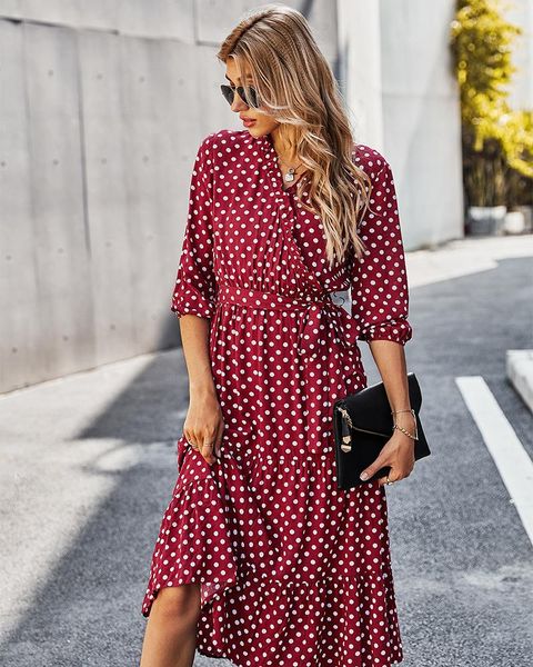 casual dresses 2021 fashion autumn winter dot bandage dress women ruffles v neck high waist slim print long for, Black;gray