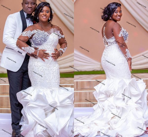 african aso ebi wedding dresses plus size long sleeves mermaid ruffles puffy satin lace bridal wedding gowns with crystals, White
african aso ebi wedding dresses plus size long sleeves mermaid ruffles puffy satin lace bridal wedding gowns with crystals, White