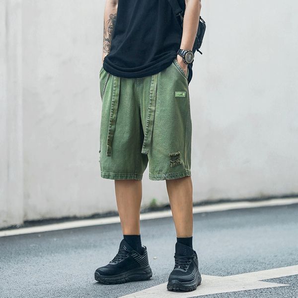 fashionable shorts wash with belt to make old denim men's brand holed capris summer trend pants, White;black
fashionable shorts wash with belt to make old denim men's brand holed capris summer trend pants, White;black