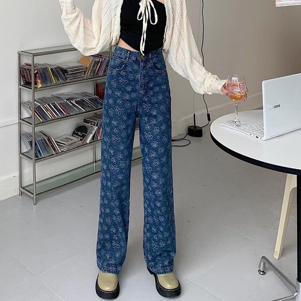 women's jeans autumn flower full pattern vintage washed straight-leg loose high-waisted fashion wide-leg denim trousers, Blue
women's jeans autumn flower full pattern vintage washed straight-leg loose high-waisted fashion wide-leg denim trousers, Blue