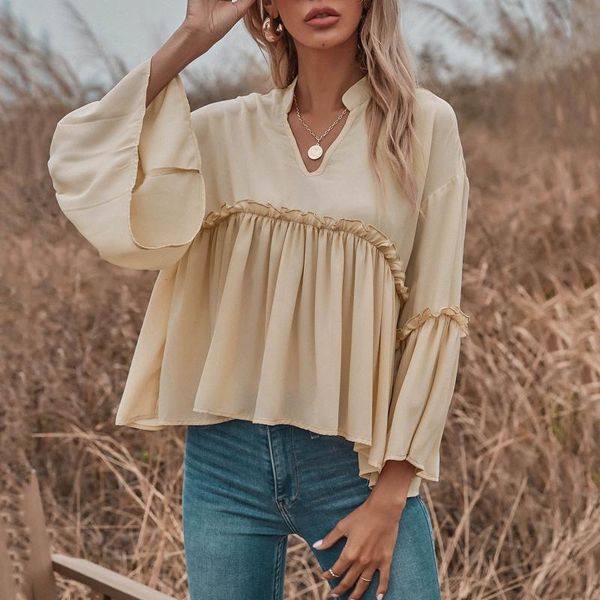 women's blouses & shirts solid ruffle long sleeve blouse v neck ruched loose fitted shirt casual chiffon jumper tee blusas de mujer, White
women's blouses & shirts solid ruffle long sleeve blouse v neck ruched loose fitted shirt casual chiffon jumper tee blusas de mujer, White