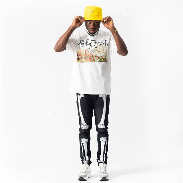 2021 men's korean fashion trendy high street style black bone print am slim fit small leg jeans, Blue 
2021 men's korean fashion trendy high street style black bone print am slim fit small leg jeans, Blue