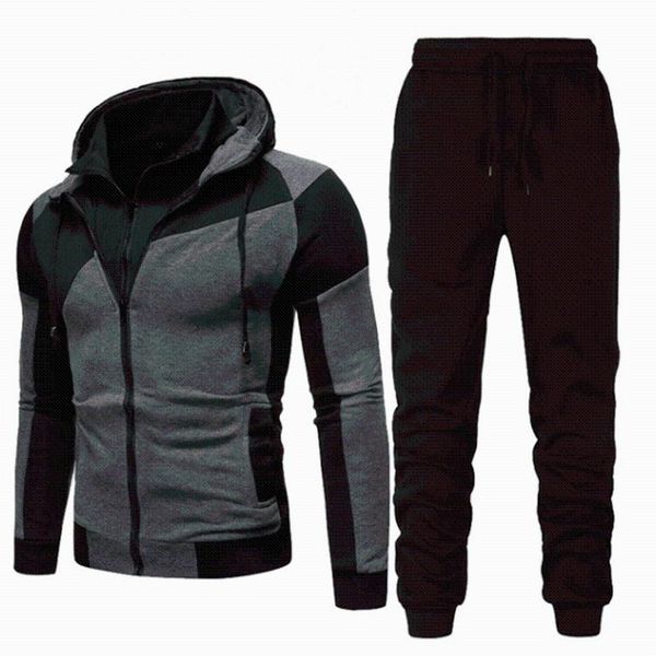 men's tracksuits 2021 winter sets patchwork zipper hooded cardigan double layer sweater slim casual men tracksuit thick two pieces, Gray 
men's tracksuits 2021 winter sets patchwork zipper hooded cardigan double layer sweater slim casual men tracksuit thick two pieces, Gray