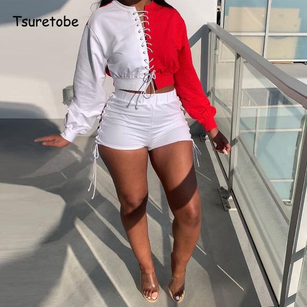 women's tracksuits tsuretobe patchwork bandage two piece set women autumn crop bodycon mini shorts nightclub wear slim casual outfi, Gray
women's tracksuits tsuretobe patchwork bandage two piece set women autumn crop bodycon mini shorts nightclub wear slim casual outfi, Gray