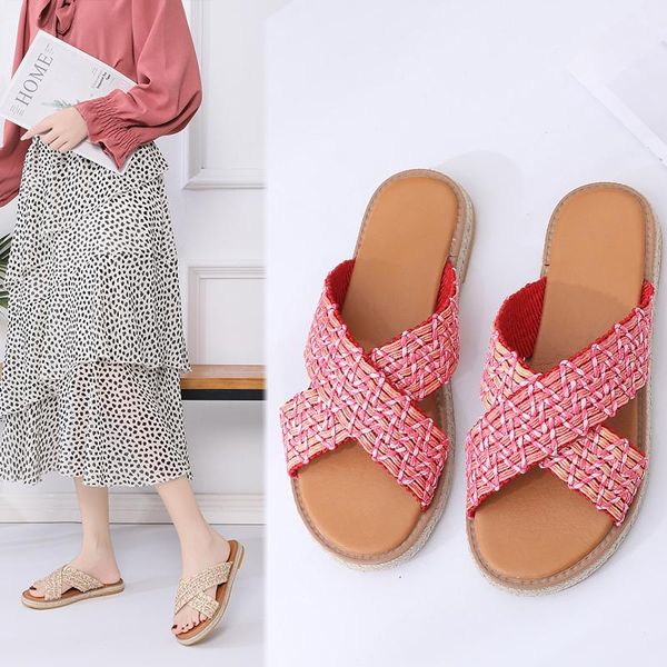 slippers sandals and female summer korean version of the striped cross-broadband outer wear flat bottom non-slip, Black