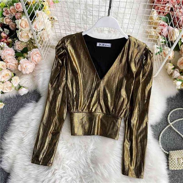 women's spring autumn blouse metalic shine solid v-neck long-sleeved high-waist short mini korean style shirt female uk091 210507, White
women's spring autumn blouse metalic shine solid v-neck long-sleeved high-waist short mini korean style shirt female uk091 210507, White