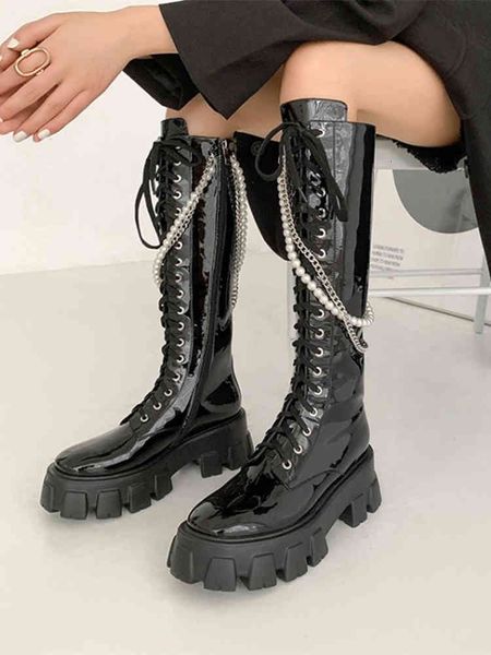 boots lace up women knee high for genuine leather chunky heel punk metal decoration round toe flats platform female heels 2k88, Black
boots lace up women knee high for genuine leather chunky heel punk metal decoration round toe flats platform female heels 2k88, Black