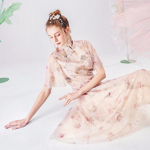 party dresses shzq improved cheongsam young 2021 chinese style coil buckle mesh chiffon floral dress women's summer, White;black
party dresses shzq improved cheongsam young 2021 chinese style coil buckle mesh chiffon floral dress women's summer, White;black