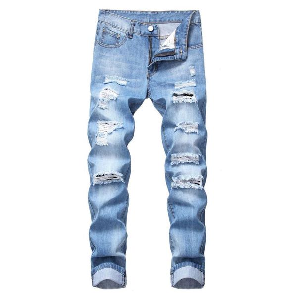 men's ripped straight slim fit non-stretch jeans teenagers multi-hole denim trousers, Blue
men's ripped straight slim fit non-stretch jeans teenagers multi-hole denim trousers, Blue