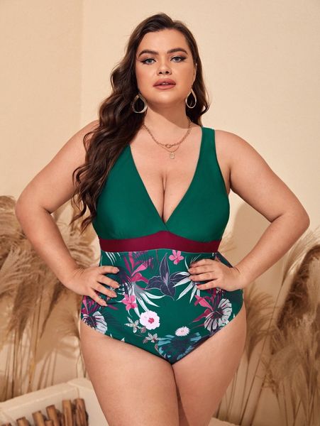 plus floral print one piece swimsuit 23w6#, Black